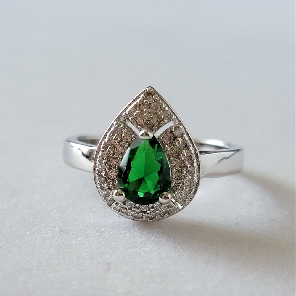 Pear Halo Emerald Green Simulated Diamond Ring
